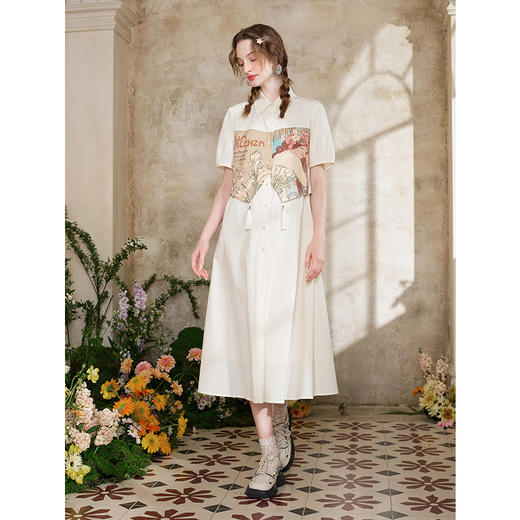 两三事 无朽露华 2025夏季新款复古流苏印花拼接假两件a字连衣裙 商品图1