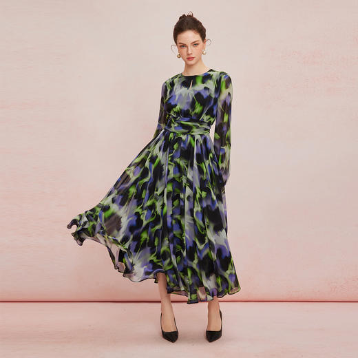 QF896斯尔丽25夏季新款法式优雅浪漫显瘦显高印花雪纺设计感放摆连衣裙 商品图3