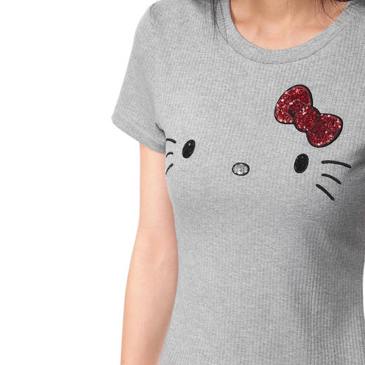 FDR官方店 kitty猫亮片绣花正肩修身短袖T恤女夏季辣妹显瘦上衣 商品图3