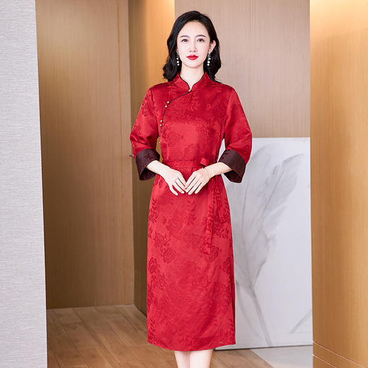KQ-221957夏款中国风重缎香云纱立领中长款复古旗袍女装改良真丝连衣裙 商品图3