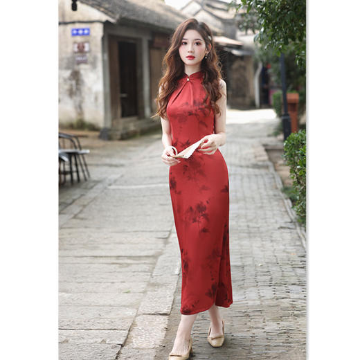 GX长款仿醋酸红挂脖少女款旗袍2025春夏新款改良新中式日常可穿旗袍 商品图2