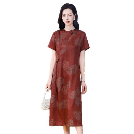 KQ-221918品牌新中式珍珠缎香云纱真丝连衣裙女2025新旗袍红云纱A字裙 商品图4