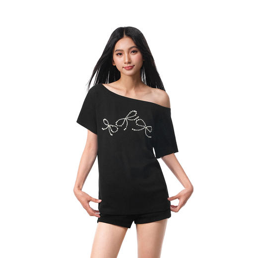 FDR官方店 钉珠蝴蝶结斜肩短袖t恤女夏季潮牌宽松体恤露肩上衣 商品图0