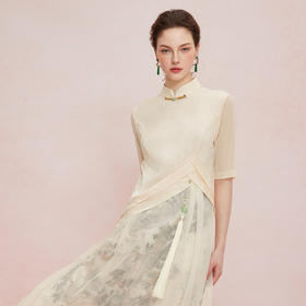 QF8G6斯尔丽2025新款改良旗袍拼接薄透朦胧水墨画流苏旗开得胜连衣裙