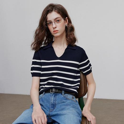 初语2025夏季新款撞色领条纹针织衫薄款爱心刺绣翻领短袖针织开衫 商品图1