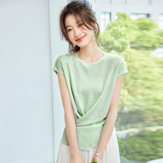 CC-SD7062冰丝短袖t恤女夏季2025新款修身交叉薄款针织衫别致上衣收腰小衫 商品图3