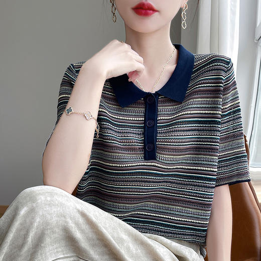 CC-XIX-179新款时尚洋气彩条短款女装夏季上衣冰丝针织短袖t恤女 商品图2