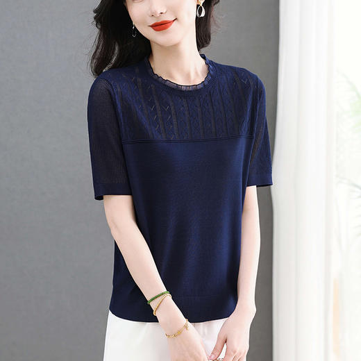 CC-MY-1209新款大码冰丝针织衫花边圆领短袖T恤气质夏装蕾丝上衣 商品图3