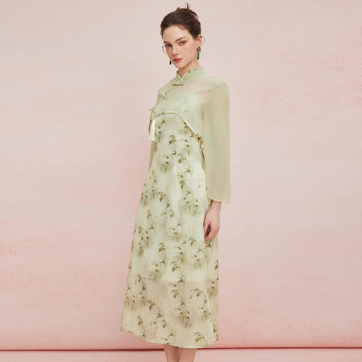 QF883斯尔丽25新款改良版旗袍抛袖薄纱上衣搭配印花内搭连衣裙两件套装 商品图2
