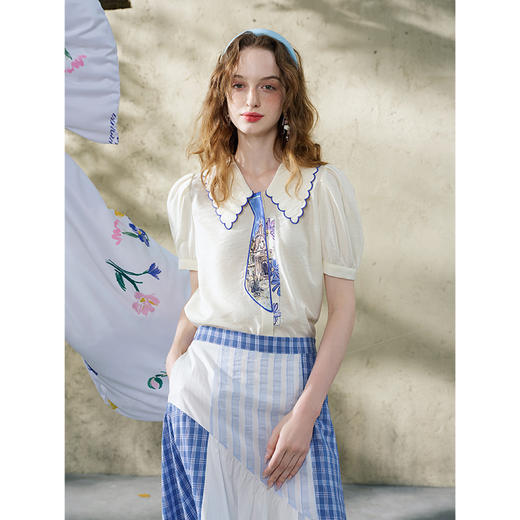 两三事神谕掠夏2025夏季新款甜美拼色翻领印花假领带泡泡袖衬衫女 商品图1