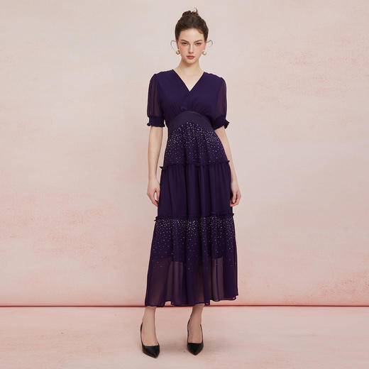 QF891斯尔丽25新款法式浪漫高腰节蛋糕收褶烫钻后腰超细橡筋显瘦连衣裙 商品图3