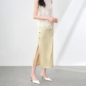 「高货wl」全新升级【铂金会员284/天猫379/差价95】(00227)洛诗琳人丝麻提花新中式半裙2025夏季优雅玉石扣国风半身裙00227