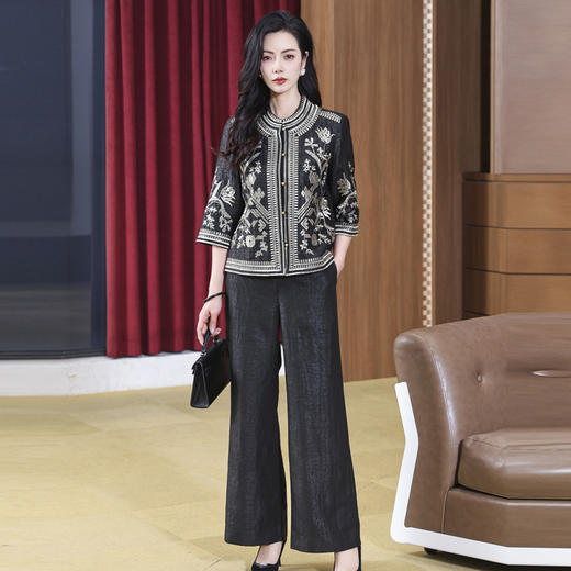KQ-221903+221910香云纱老料重磅桑蚕丝松紧腰宽松显瘦气质女士阔腿裤时尚两件套装 商品图1