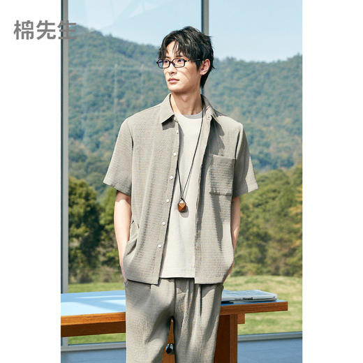 棉仓363804016-三宅风树纹皱短袖衬衫 商品图0
