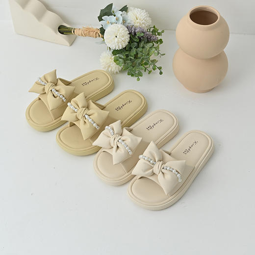 经典鲨2025年夏季新品时尚珍珠甜美蝴蝶结露趾平底凉拖鞋女KW299-529011 商品图2