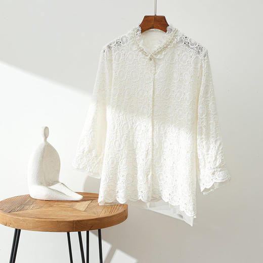 「K」洛诗琳05019气质绣花衬衫2025重工钉珠蕾丝拼接真丝上衣2339 商品图4