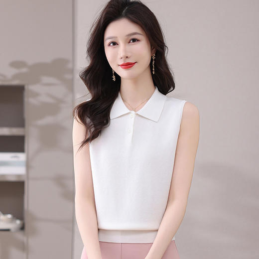 CC-101-31801纯色修身无袖针织背心女2025新款夏季薄款减龄翻领冰丝上衣T恤女 商品图0