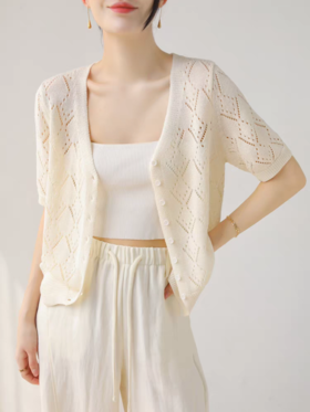 【和纸纱镂空小开衫】质地轻盈，光泽柔和，上身舒爽透气不闷热JZ2521-CC