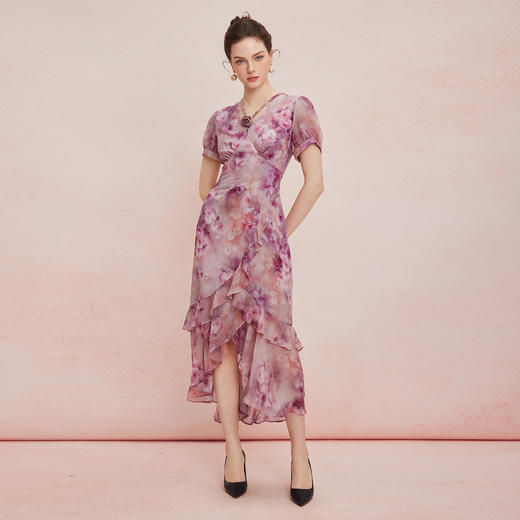 QF886斯尔丽25新款法式优雅度假风浪漫轻奢印花荷叶波浪边长款连衣裙 商品图8