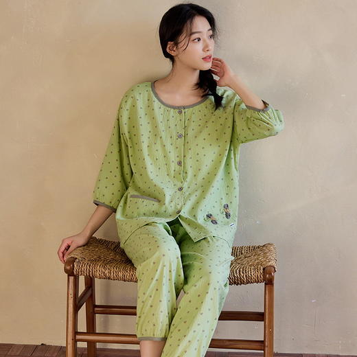 自然醒长歌（带胸垫）睡衣女夏季新款梭织云朵棉薄款夏天七分袖中年妈妈家居服QH 商品图4