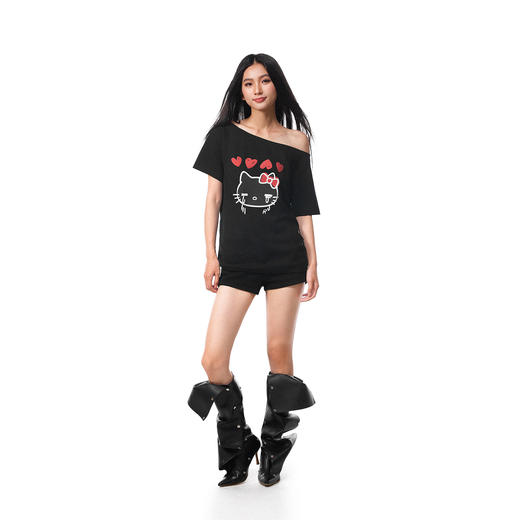 FDR官方店 卡通kitty印花斜肩短袖T恤女夏季潮牌辣妹性感露肩上衣 商品图2