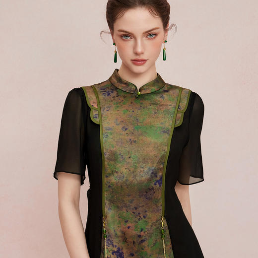 QF894斯尔丽25新款新国风改良旗袍水墨国画清雅气质精致配饰散摆连衣裙 商品图14