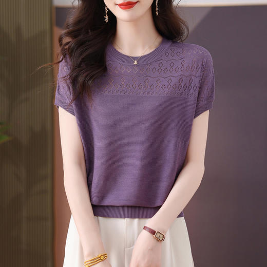 CC-103-7975时尚圆领薄款短袖t恤女2025新款夏季镂空显瘦冰丝针织上衣 商品图3