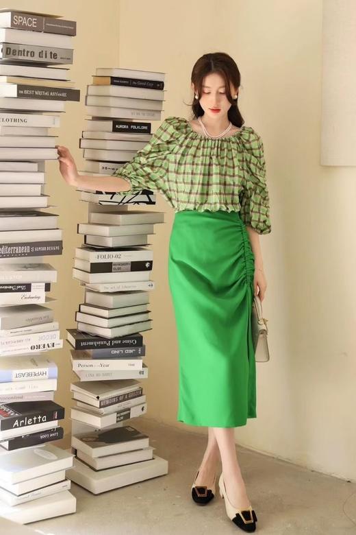 ANSUABEL 缎面抽褶亮绿色半裙 18465 商品图0