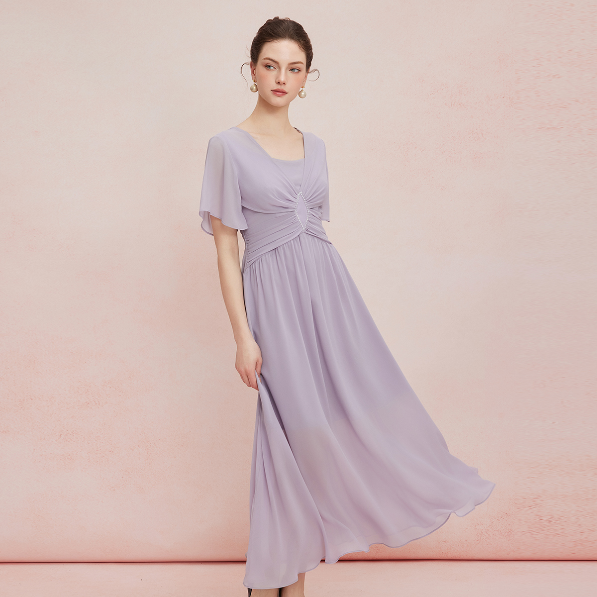 QF890斯尔丽25新款法式优雅立体手工压褶收腰太阳摆雪纺飘逸浪漫连衣裙