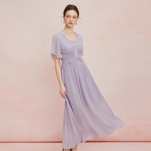 QF890斯尔丽25新款法式优雅立体手工压褶收腰太阳摆雪纺飘逸浪漫连衣裙 商品图0