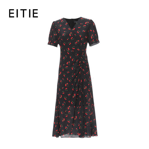 EITIE爱特爱夏季新款提褶V领开叉收腰显瘦泡泡袖印花连衣裙8207921 商品图6