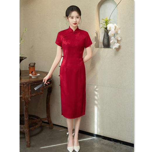 GX春夏新款中式改良旗袍仿醋酸气质显瘦红色敬酒服日常高考旗袍 商品图2