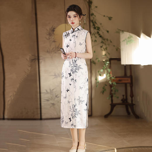 SC21109水墨竹国风中式长款无袖旗袍改良年轻款2025新款少女复古修身夏季 商品图1