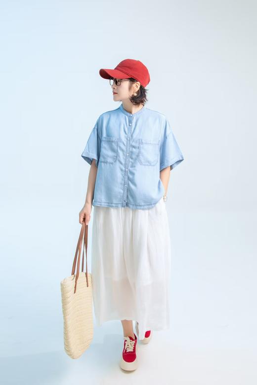 小圆领短袖牛仔衬衫 商品图1