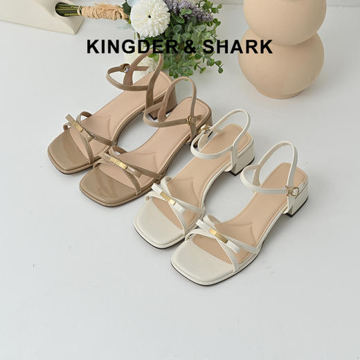 经典鲨2025年夏季新品时尚简约4.5cm甜美蝴蝶结中粗跟凉鞋女KW385-529011 商品图0