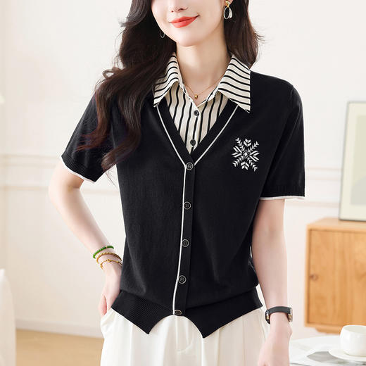 CC-66-2521假两件短袖t恤女夏季时髦洋气衬衫领拼接上衣气质轻奢小衫 商品图3