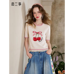 两三事 樱桃琼浆 2025夏季新款甜美蕾丝下摆拼接樱桃短袖针织衫女