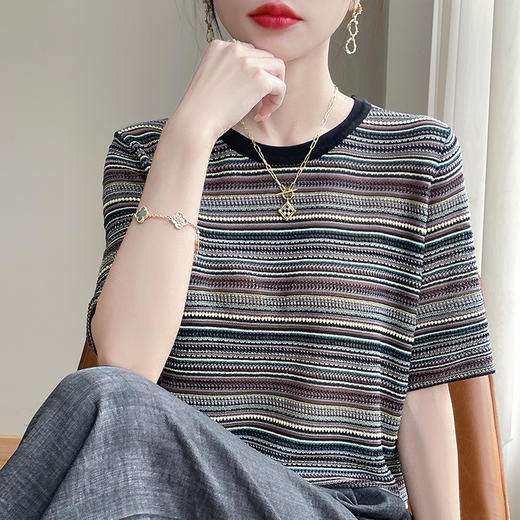 CC-XIX-179新款时尚洋气彩条短款女装夏季上衣冰丝针织短袖t恤女 商品图0