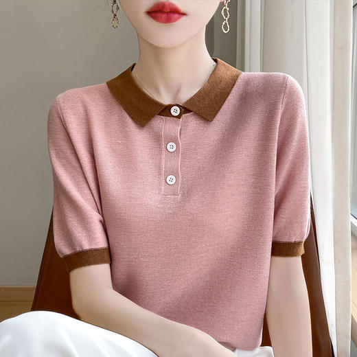 CC-XIX-194冰丝针织短袖t恤女2025新款时尚简约小翻领新款女装夏季上衣 商品图3