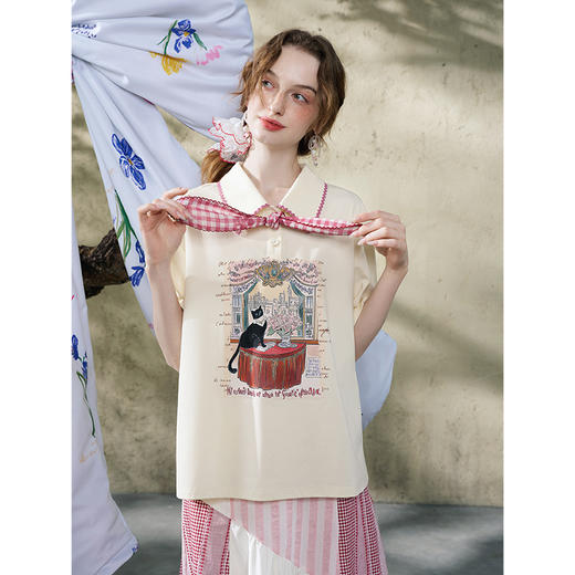 两三事暮紫幻月2025夏季新款甜美格子领带拼色翻领印花t恤女宽松 商品图2