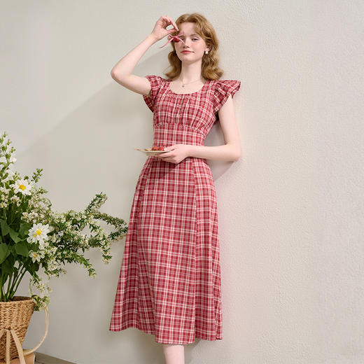 法式优雅气质复古格纹飞飞袖连衣裙女2025夏季收腰连衣裙V1050641 商品图3