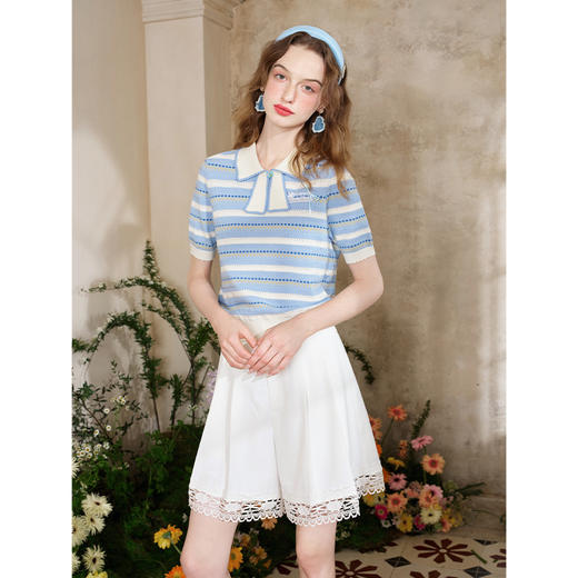 两三事 月漪溯影 2025夏季新款甜美蕾丝拼接刺绣高腰短裤女宽松 商品图2