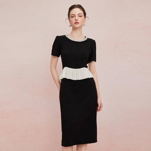 QF893斯尔丽2025夏季新款撞色装饰下摆修身端庄大方OL气质连衣裙 商品图0