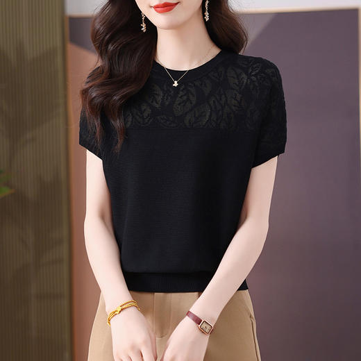 CC-103-7972蝙蝠式短袖t恤女薄款镂空上衣2025新款年轻夏装冰丝针织衫女 商品图2
