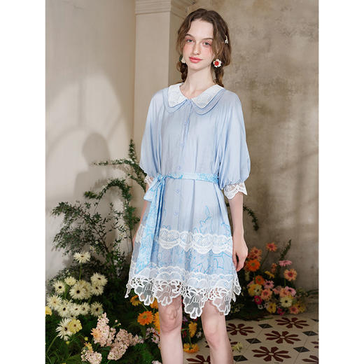 两三事海风诗喃2025夏季新款甜美蕾丝拼接双层领绑带衬衫裙连衣裙 商品图1