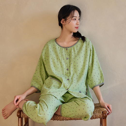 自然醒长歌（带胸垫）睡衣女夏季新款梭织云朵棉薄款夏天七分袖中年妈妈家居服QH 商品图5