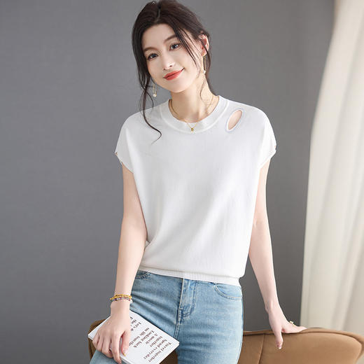 CC-LL-1648冰丝短袖t恤女士2025新款夏季洋气破洞宽松遮肚子显瘦上衣针织衫 商品图3