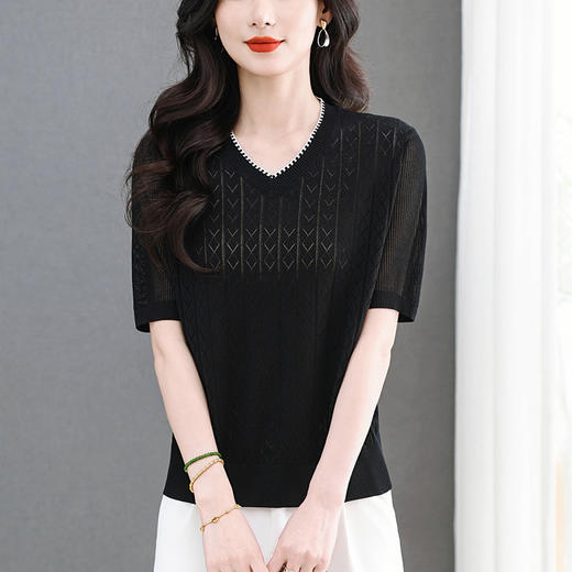 CC-MY-1215气质轻奢镂空上衣夏季短袖针织衫2025新款大码胖mm冰丝t恤V领洋气 商品图2