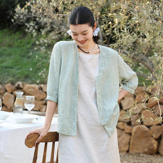 绽放旅行女装247朵/冰豆沙杨柳皱色织亚麻短开衫开门襟中袖防晒衫 商品图0