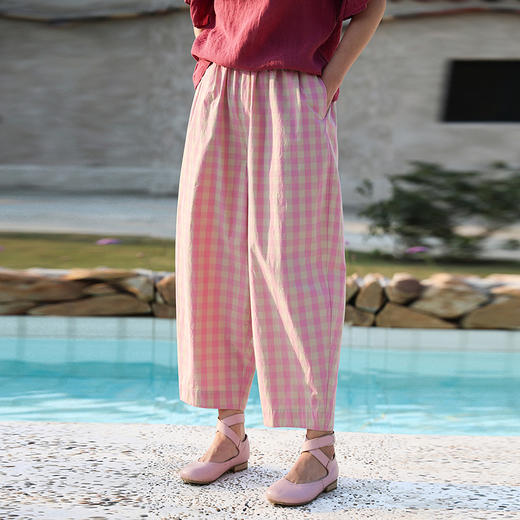 绽放旅行女装250朵/日本进口高密纱线色织格全腰松紧九分裤休闲裤 商品图0